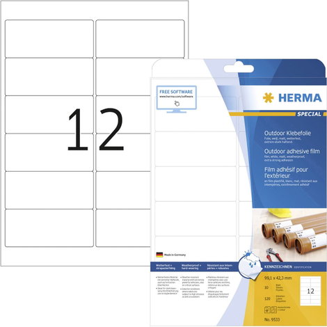 Herma 9533 Fólia címkék 99.1 x 42.3 mm Polietilén fólia Fehér 120 db Véglegesen tapadó Színes lézern