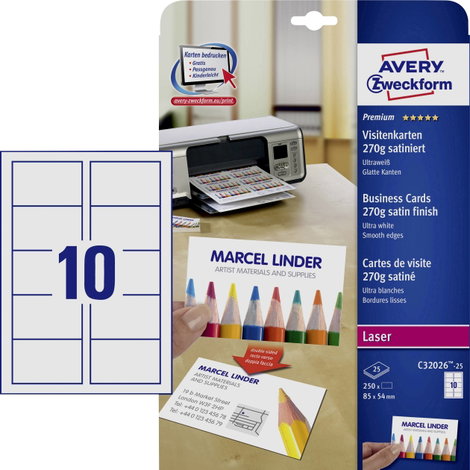 Avery-Zweckform C32026-25 Nyomtatható névjegykártyák, sima él 85 x 54 mm Ultrafehér 250 db Papírform