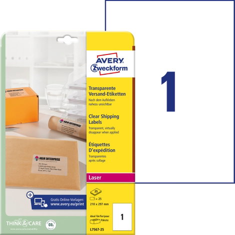 Avery-Zweckform L7567-25 Cím etikett 210 x 297 mm Poliészter fólia Átlátszó 25 db Véglegesen tapadó