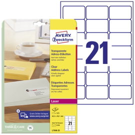Avery-Zweckform L7560-25 Cím etikett 63.5 x 38.1 mm Poliészter fólia Átlátszó 525 db Véglegesen tapa