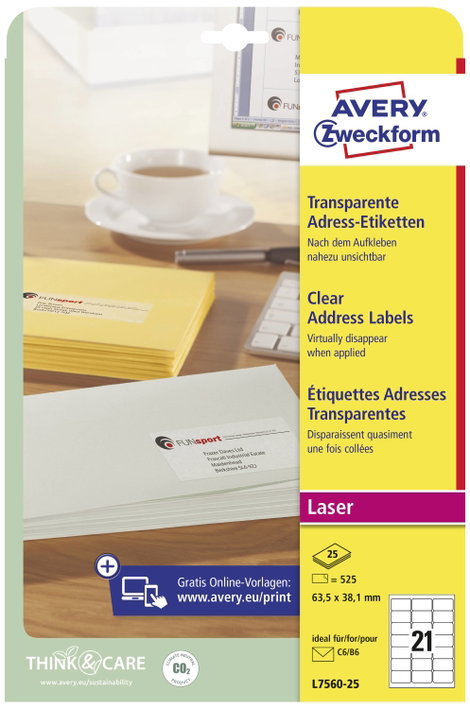 Avery-Zweckform L7560-25 Cím etikett 63.5 x 38.1 mm Poliészter fólia Átlátszó 525 db Véglegesen tapa 7. kép