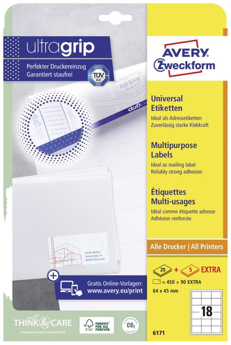 Avery-Zweckform 6171 64 x 45 mm Papír Fehér 540 db Véglegesen tapadó Univerzális etikett Tinta, Léze 2. kép