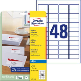 Avery-Zweckform J4791-25 Cím etikett 45.7 x 21.2 mm Papír Fehér 1200 db Véglegesen tapadó Tintasugar