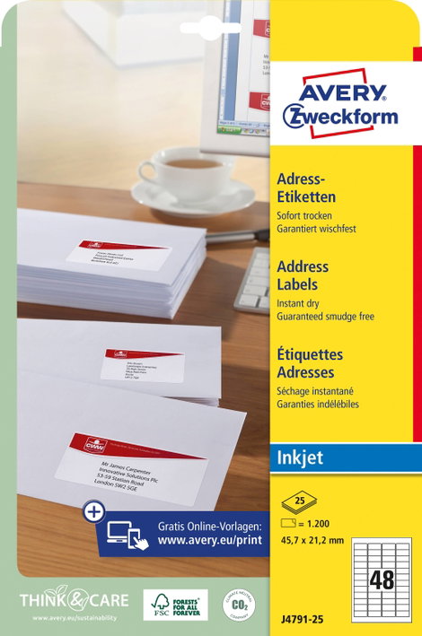 Avery-Zweckform J4791-25 Cím etikett 45.7 x 21.2 mm Papír Fehér 1200 db Véglegesen tapadó Tintasugar 3. kép