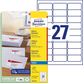 Avery-Zweckform J4792-25 Cím etikett 63.5 x 29.6 mm Papír Fehér 675 db Véglegesen tapadó Tintasugara