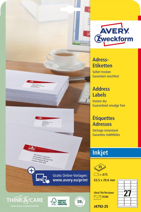 Avery-Zweckform J4792-25 Cím etikett 63.5 x 29.6 mm Papír Fehér 675 db Véglegesen tapadó Tintasugara 3. kép