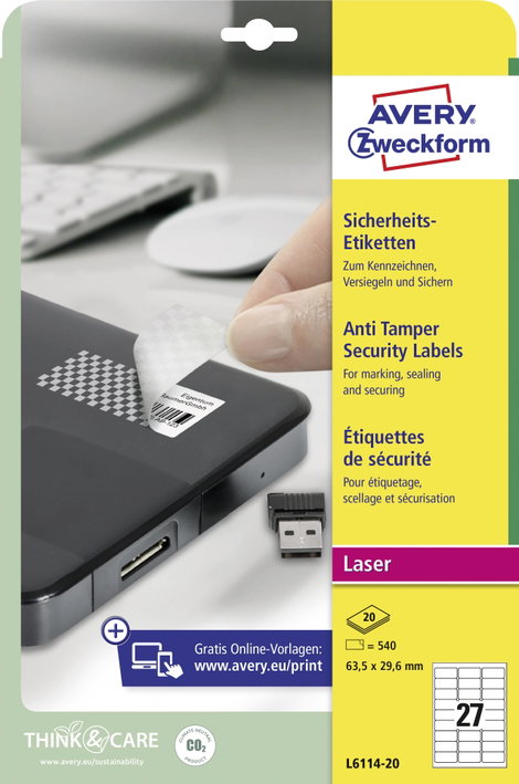 Avery-Zweckform L6114-20 63.5 x 29.6 mm Poliészter fólia Fehér 480 db Véglegesen tapadó Biztonsági e 3. kép