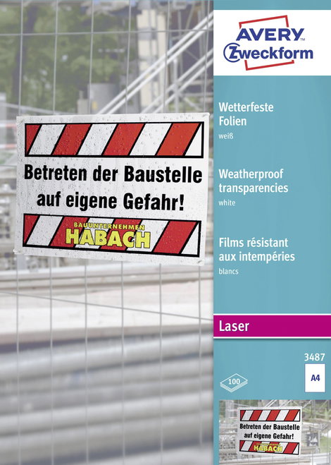 Avery-Zweckform OHP Laserfolie 3487 Vízálló fólia DIN A4 Lézernyomtató, Színes lézernyomtatás, Másol