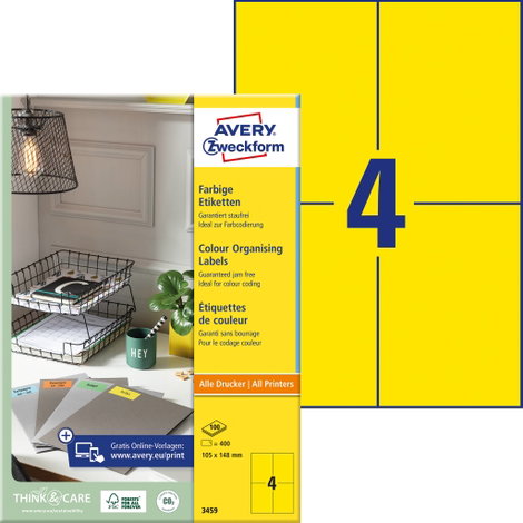 Avery-Zweckform 3459 Univerzális etikett 105 x 480 mm Papír Sárga 400 db Véglegesen tapadó Tintasuga