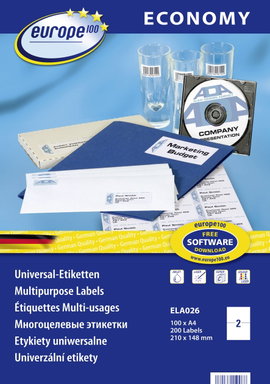 Europe 100 ELA026 210 x 148.5 mm Papír Fehér 200 db Véglegesen tapadó Univerzális etikett Tinta, Léz