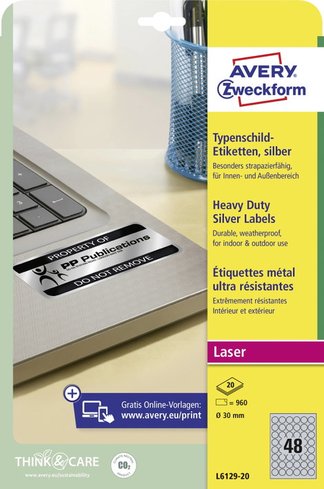 Avery-Zweckform L6129-20 Típustábla etikett Ø 30 mm Poliészter fólia Ezüst 960 db Véglegesen tapadó  3. kép