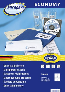 Europe 100 ELA021 105 x 48 mm Papír Fehér 1200 db Véglegesen tapadó Univerzális etikett Tinta, Lézer