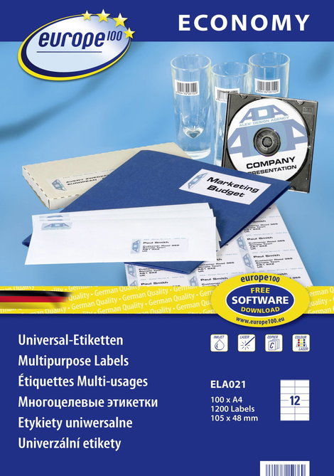 Europe 100 ELA021 105 x 48 mm Papír Fehér 1200 db Véglegesen tapadó Univerzális etikett Tinta, Lézer