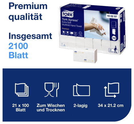 TORK 100297 Xpress® Multifold Premium Papír kéztörlők (H x Sz) 34 cm x 21 cm Magasfehér 2100 db 2. kép