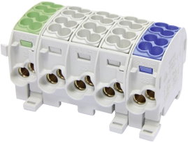 Fővezeték elágaztató kapocs, 3 szín, 5 pólus, 25 mm², vezeték típus = PE, L, N, HoraeTec 080150-3-4