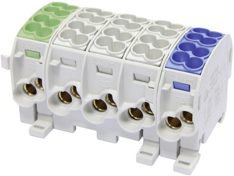 Fővezeték elágaztató kapocs, 3 szín, 5 pólus, 25 mm², vezeték típus = PE, L, N, HoraeTec 080150-3-4