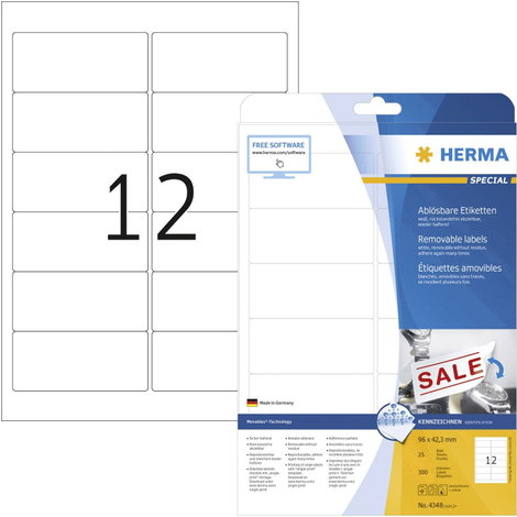 Herma 4348 Univerzális etikett 96 x 42.3 mm Papír Fehér 300 db Leoldható Tintasugaras nyomtató, Léze