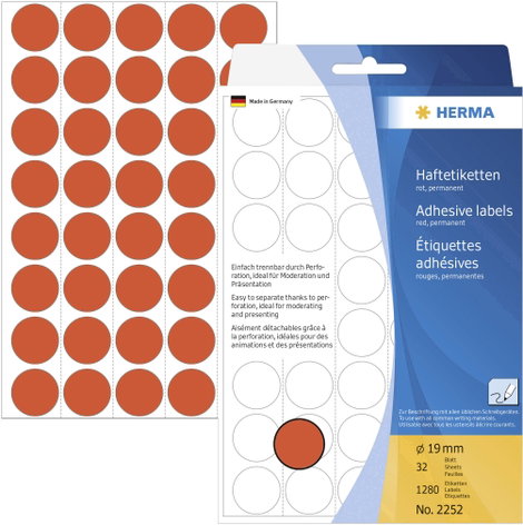 Herma 2252 Etikettek Ø 19 mm Papír Piros 1280 db Véglegesen tapadó Jelölőpont etikett