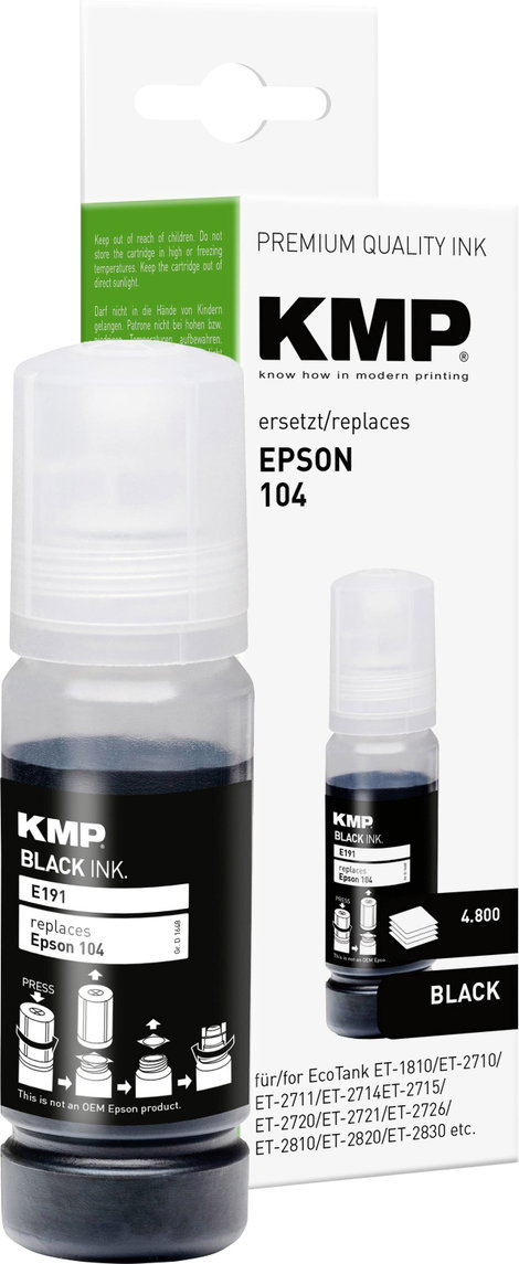 KMP Utántöltő tinta helyettesíti Epson 104, T00P1 Kompatibilis Fekete E191 1648,0001