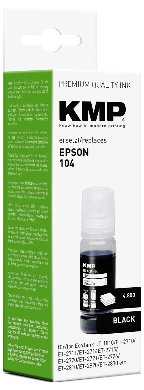 KMP Utántöltő tinta helyettesíti Epson 104, T00P1 Kompatibilis Fekete E191 1648,0001 2. kép