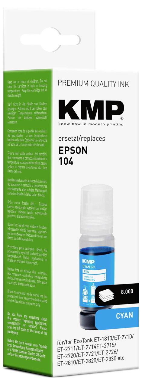 KMP Utántöltő tinta helyettesíti Epson 104, T00P2 Kompatibilis Cián E192 1648,0003 2. kép