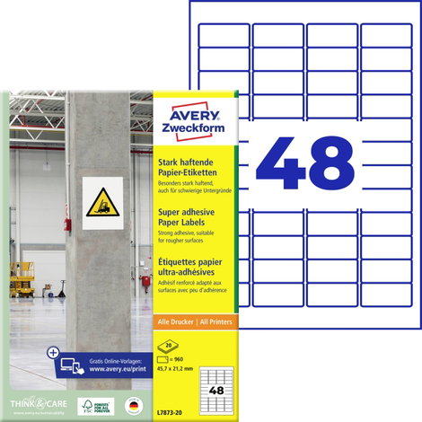 Avery-Zweckform L7873-20 Erős ragasztó címkék 45.7 x 21.2 mm Papír Fehér 960 db Véglegesen tapadó, E 2. kép