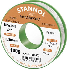Stannol Kristall 611 Fairtin Forrasztóón, ólommentes Ólommentes Sn96,5Ag3Cu0,5 REM1 100 g 0.3 mm