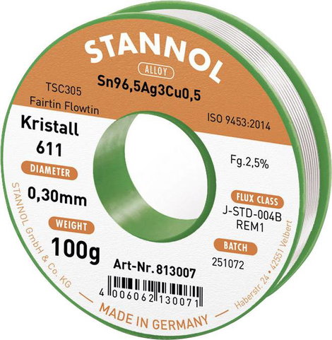 Stannol Kristall 611 Fairtin Forrasztóón, ólommentes Ólommentes Sn96,5Ag3Cu0,5 REM1 100 g 0.3 mm