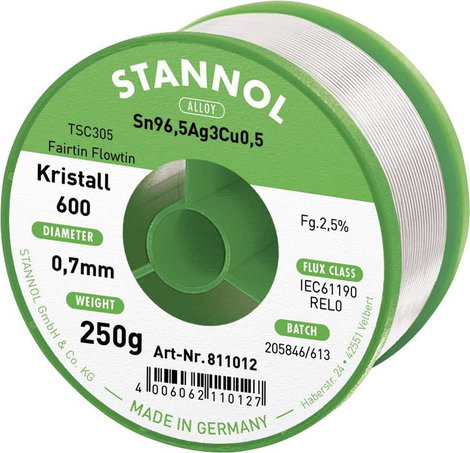 Stannol Kristall 600 Fairtin Forrasztóón, ólommentes Ólommentes Sn96,5Ag3Cu0,5 REL0 250 g 0.7 mm