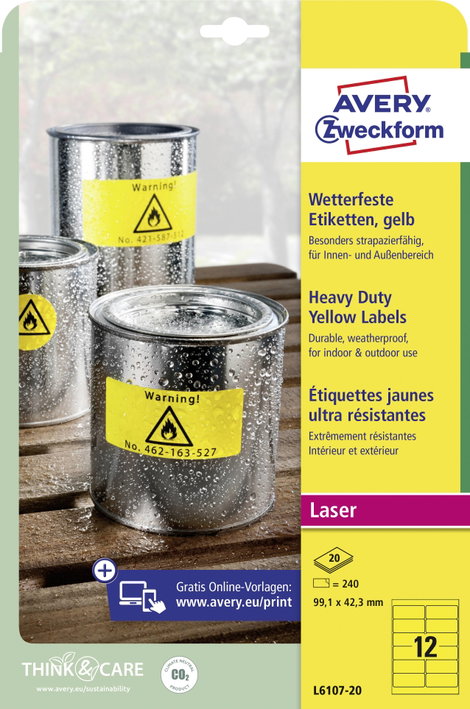 Avery-Zweckform L6107-20 Fólia címkék 99.1 x 42.3 mm Poliészter fólia Sárga 240 db Véglegesen tapadó 3. kép