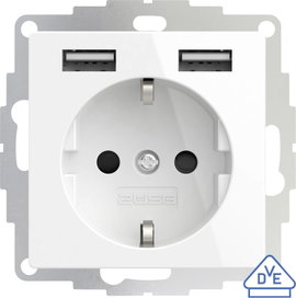 2USB 2U-449276 Süllyeszthető dugalj VDE, USB-vel, Gyermekvédelem IP20 Tiszta fehér, Fényes effekt