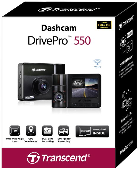 Transcend DrivePro 550B Autós kamera GPS-szel Látószög, vízszintes (max.)=150 ° 12 V, 24 V WLAN, Akk