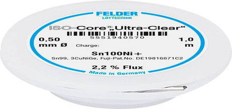 Felder Löttechnik ISO-Core Ultra-Clear Sn100Ni+ Forrasztóón, ólommentes Tekercs Sn99,25Cu0,7Ni0,05 0