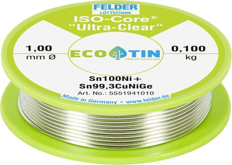 Felder Löttechnik ISO-Core Ultra-Clear Sn100Ni+ Forrasztóón, ólommentes Tekercs Sn99,25Cu0,7Ni0,05 0