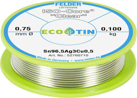 Felder Löttechnik ISO-Core Clear SAC305 Forrasztóón Tekercs Sn96,5Ag3Cu0,5 0.100 kg 0.75 mm