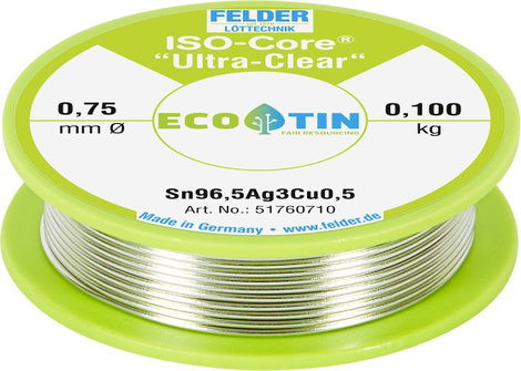 Felder Löttechnik ISO-Core Ultra Clear SAC305 Forrasztóón Tekercs Sn96,5Ag3Cu0,5 0.100 kg 0.75 mm