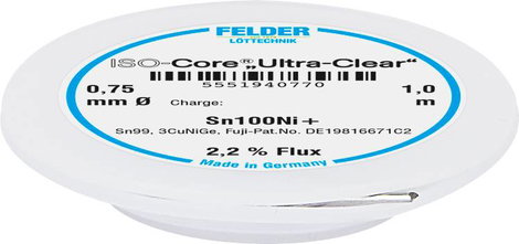 Felder Löttechnik ISO-Core Ultra-Clear Sn100Ni+ Forrasztóón, ólommentes Tekercs Sn99,25Cu0,7Ni0,05 0
