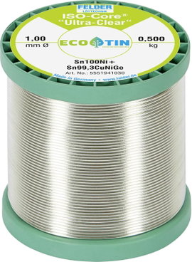 Felder Löttechnik ISO-Core Ultra-Clear Sn100Ni+ Forrasztóón, ólommentes Tekercs Sn99,25Cu0,7Ni0,05 0