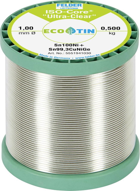Felder Löttechnik ISO-Core Ultra-Clear Sn100Ni+ Forrasztóón, ólommentes Tekercs Sn99,25Cu0,7Ni0,05 0