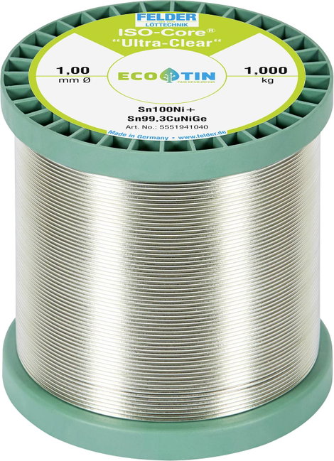 Felder Löttechnik ISO-Core Ultra-Clear Sn100Ni+ Forrasztóón, ólommentes Tekercs Sn99,25Cu0,7Ni0,05 1