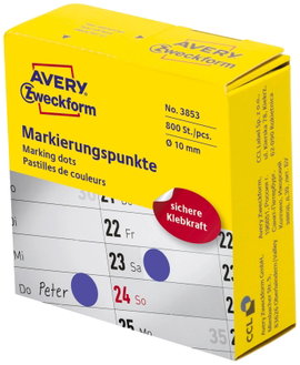 Avery-Zweckform 3853 Etikettek Ø 10 mm Papír Kék 800 db Véglegesen tapadó Jelölőpont etikett