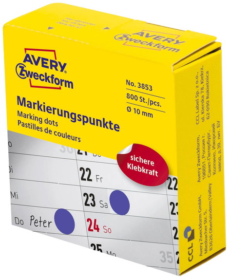Avery-Zweckform 3853 Etikettek Ø 10 mm Papír Kék 800 db Véglegesen tapadó Jelölőpont etikett