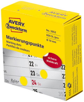 Avery-Zweckform 3852 Etikettek Ø 10 mm Papír Sárga 800 db Véglegesen tapadó Jelölőpont etikett