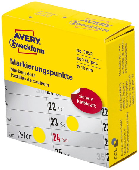 Avery-Zweckform 3852 Etikettek Ø 10 mm Papír Sárga 800 db Véglegesen tapadó Jelölőpont etikett