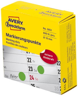 Avery-Zweckform 3851 Etikettek Ø 10 mm Papír Zöld 800 db Véglegesen tapadó Jelölőpont etikett
