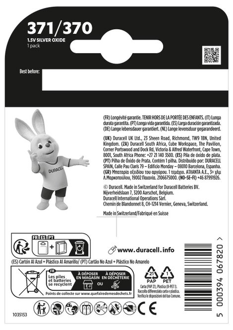 Duracell Gombelem 371 1.55 V 1 db 40 mAh Ezüstoxid SR69 2. kép