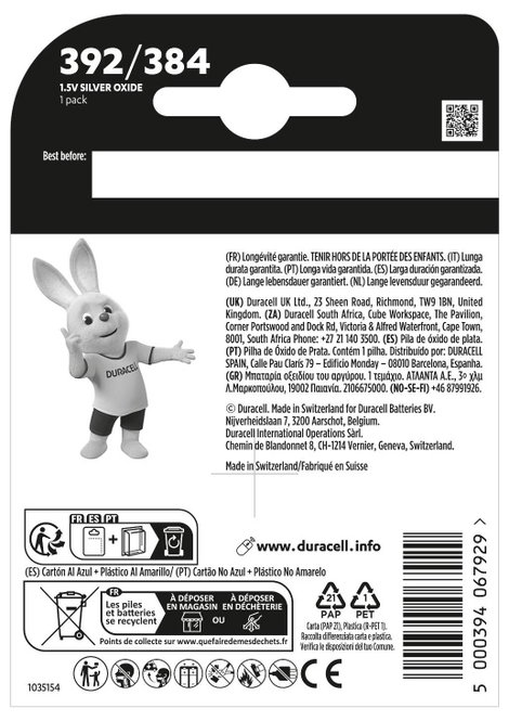Duracell Gombelem 392 1.55 V 1 db 45 mAh Ezüstoxid SR41 2. kép