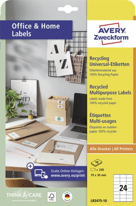Avery-Zweckform LR3475-10 Univerzális etikett 70 x 36 mm Újrafeldolgozott papír Fehér 240 db Véglege
