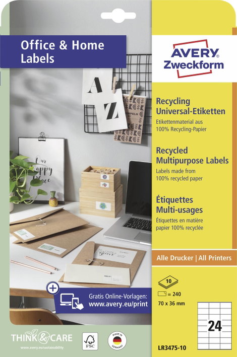 Avery-Zweckform LR3475-10 Univerzális etikett 70 x 36 mm Újrafeldolgozott papír Fehér 240 db Véglege