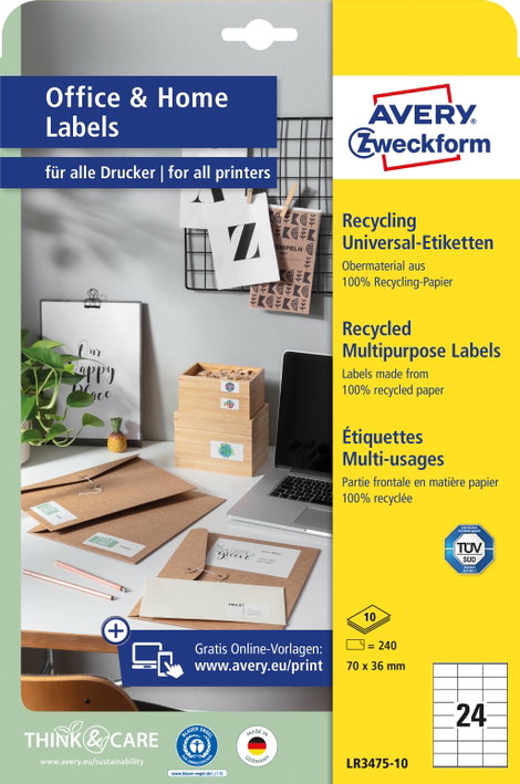 Avery-Zweckform LR3475-10 Univerzális etikett 70 x 36 mm Újrafeldolgozott papír Fehér 240 db Véglege 4. kép